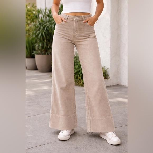 So Me Denim - SO ME Women’s Beige Corduroy Wide-Leg Pants High Rise Pockets Button Zip L